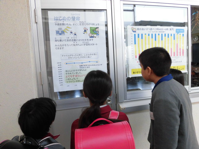 学校目標の結果を廊下で眺めている児童たち