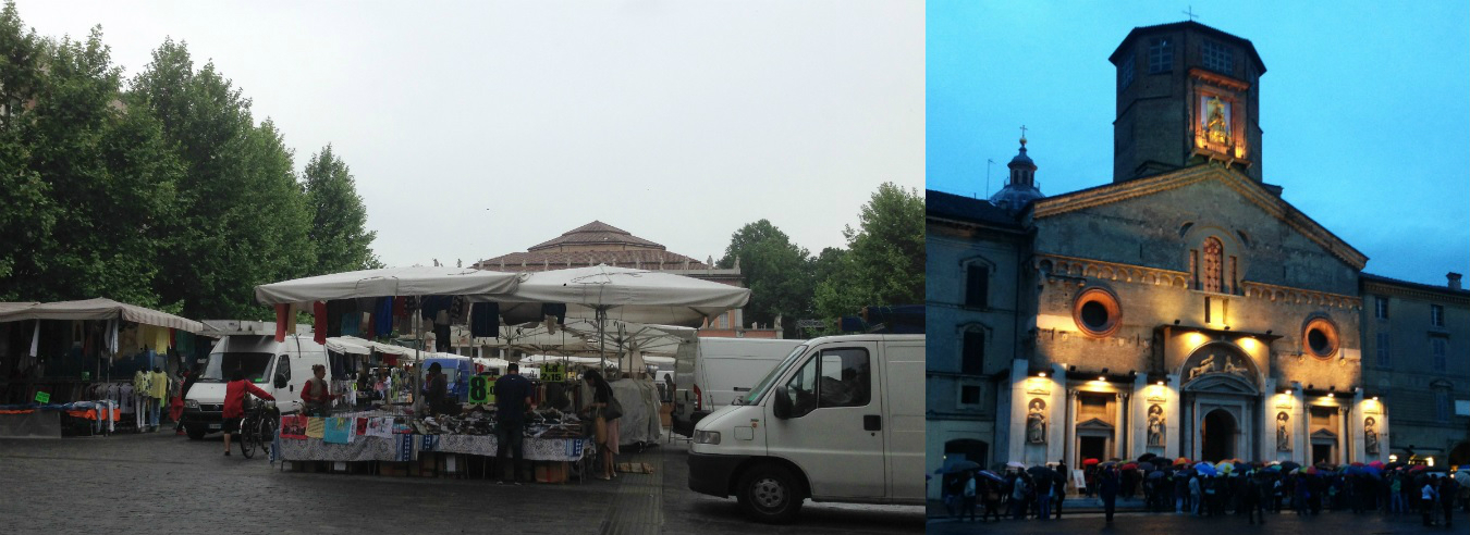左・レッジョの広場で開かれている朝市の様子、右・レッジョ市街地の様子